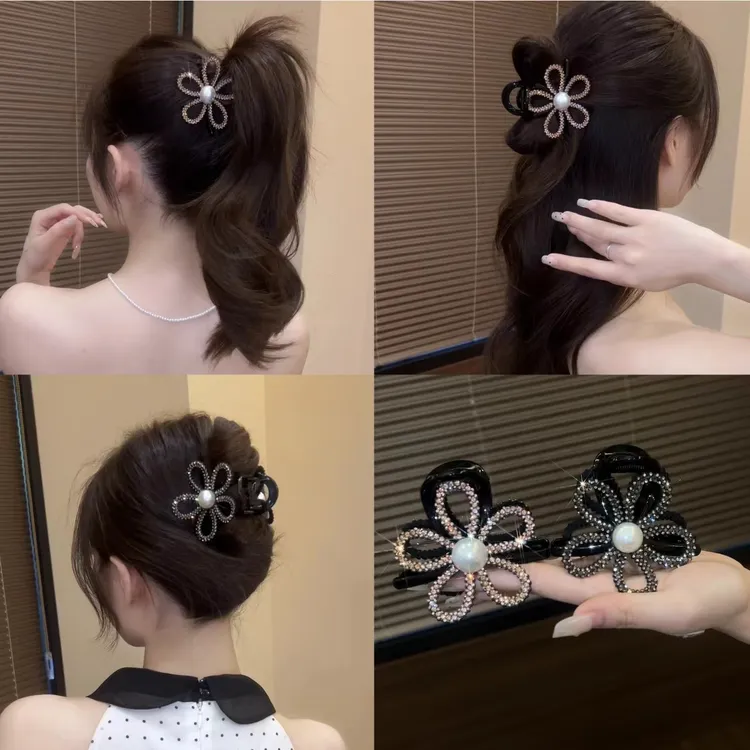 依牧高级感韩版轻奢闪钻镂空花朵抓夹后脑勺盘发鲨鱼夹高马尾抓夹