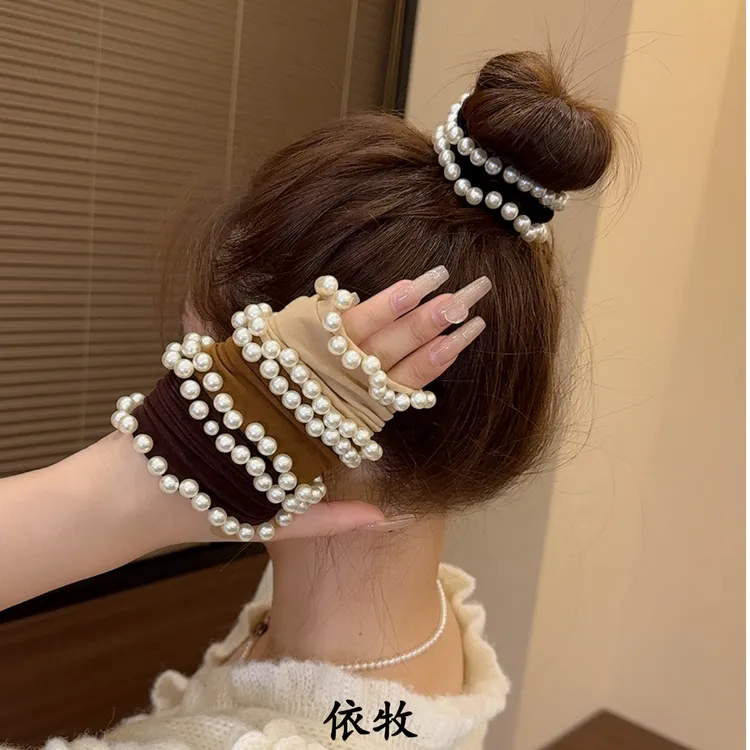 依牧新款零压柔软高弹力小香风珠珠面膜发圈雅丹风不勒发扎发头绳