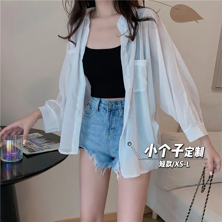 150小矮个子防晒衬衫女夏季薄款宽松开衫雪纺短款上衣长袖145显高