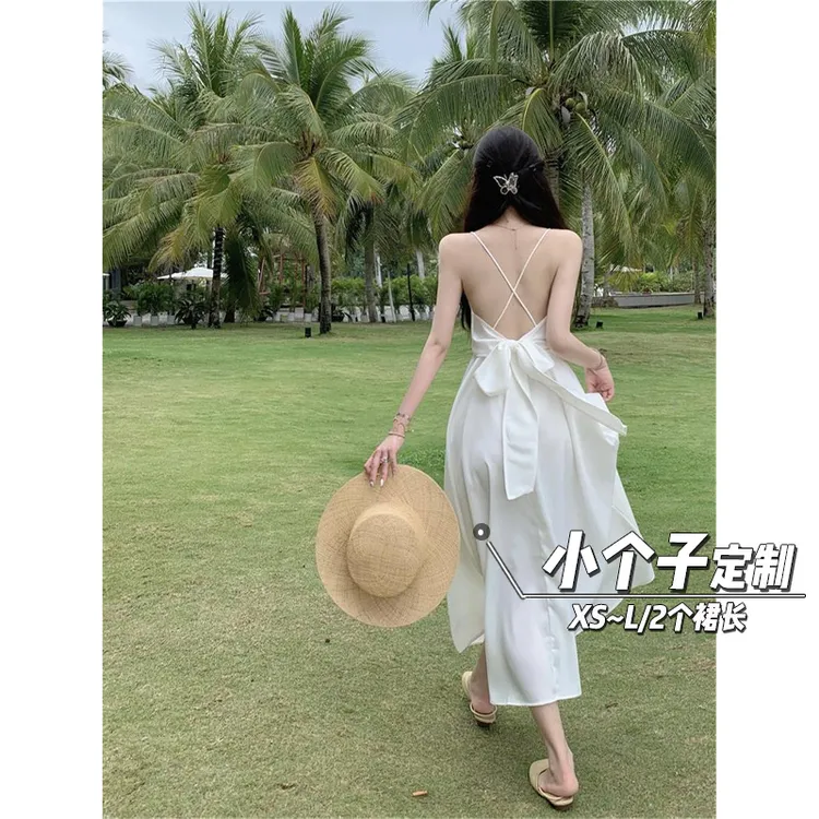 150小矮个子性感V领露背吊带连衣裙女夏度假沙滩裙收腰a字中长款
