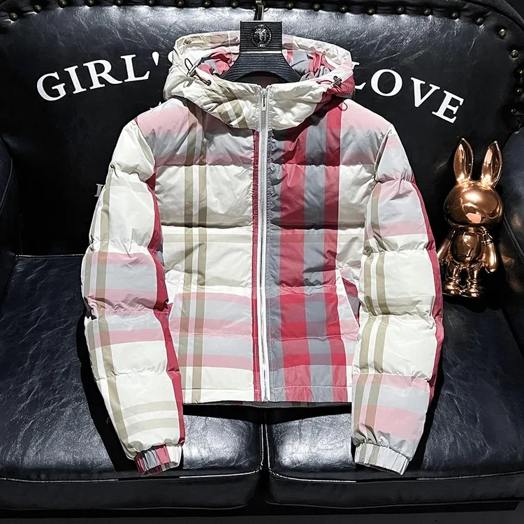 欧货高定潮牌加厚羽绒服男冬季新款格子连帽羽绒外套保暖英伦风男