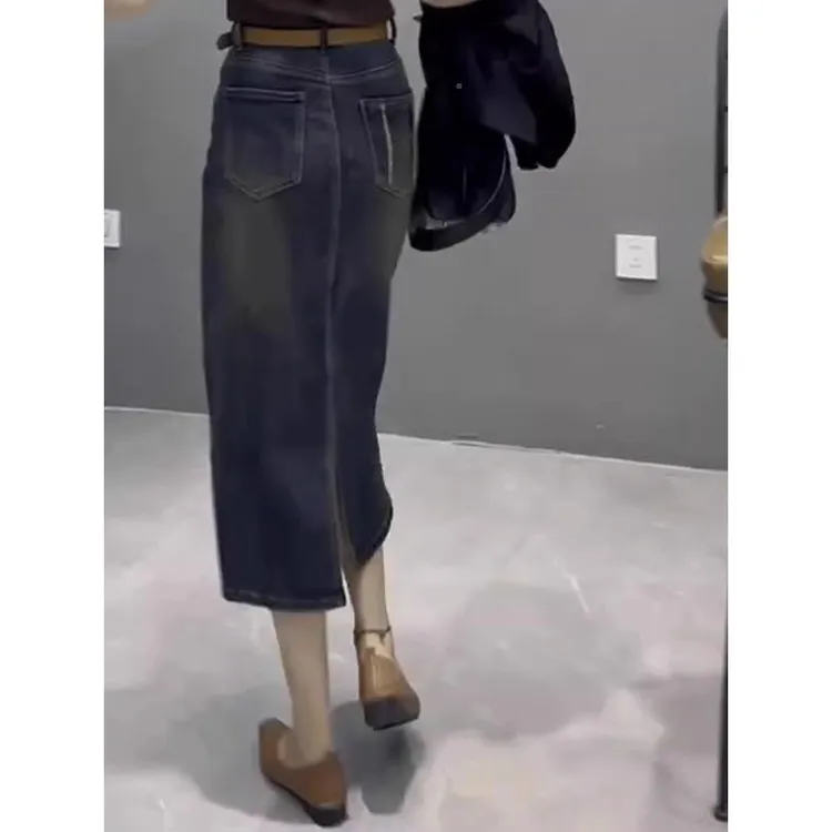 2024年早秋爆款大码复古开叉牛仔裙女胖妹妹的显瘦百搭高腰包臀裙