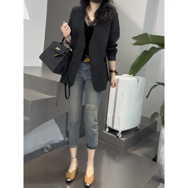 2025秋季薄款梨形身材微胖穿搭大码女装九分直筒显瘦烟管牛仔裤女