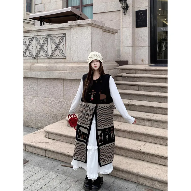 提花拼色针织背心连衣裙女2024秋季新款复古风叠穿显瘦宽松长裙潮