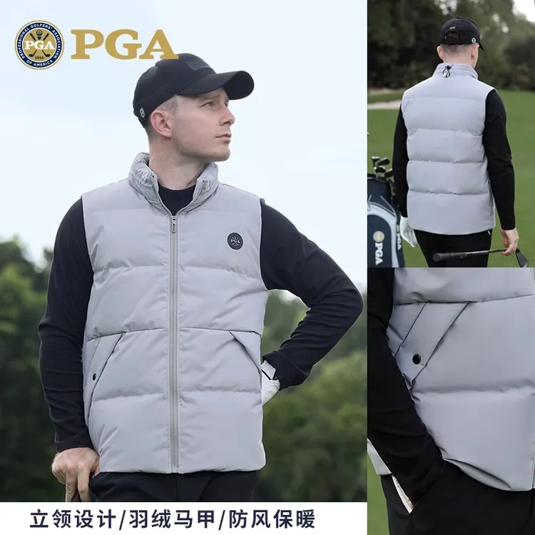 美国PGA 高尔夫男装羽绒马甲秋冬季保暖鸭绒填充舒适立领golf男装
