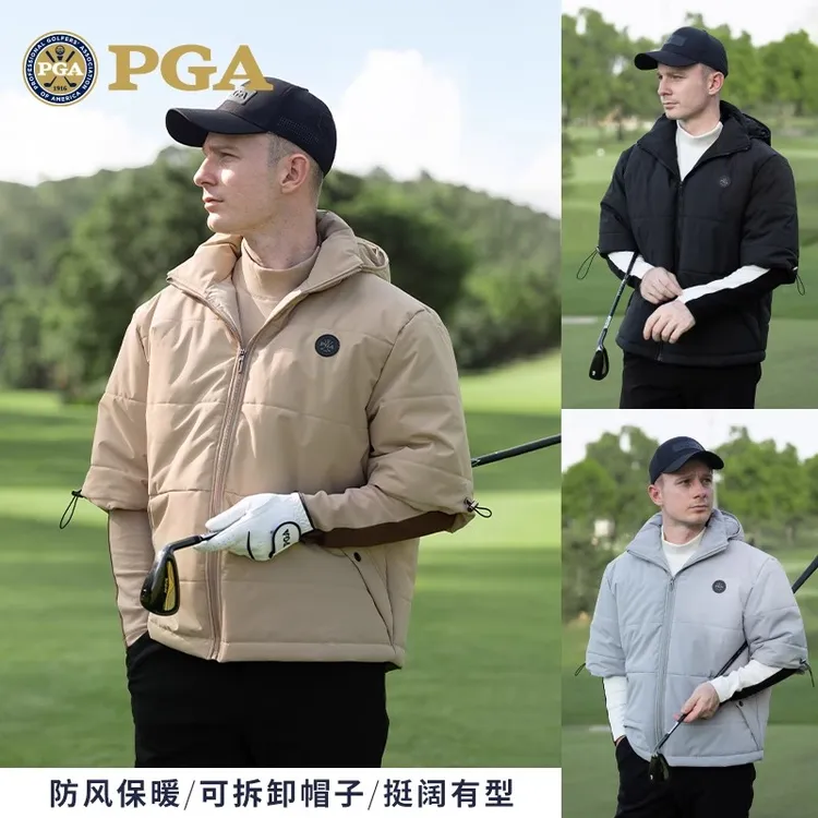 美国PGA 高尔夫男装秋冬棉外套 防风保暖夹棉外套 可拆卸帽子外套
