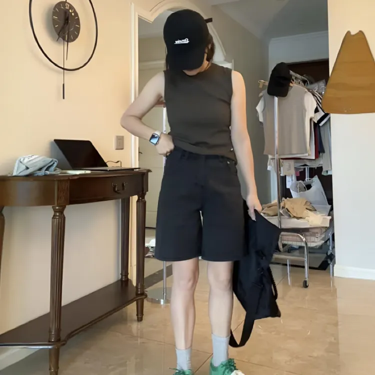 【李李专属】微胖胯大腿粗显瘦夏季A字版5分牛仔裤高腰百搭黑灰韩版