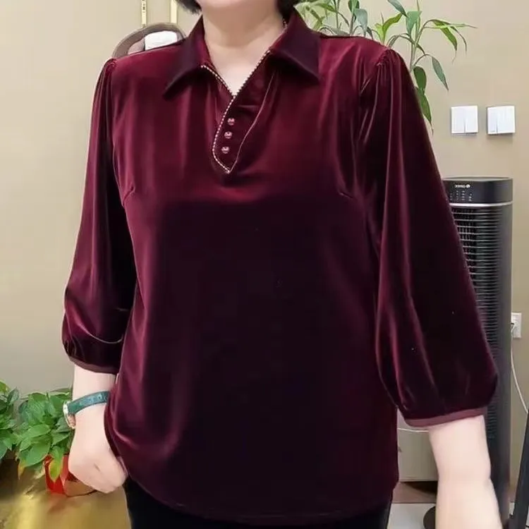 翻领丝绒高档小衫中年妈妈装国风气质小衫