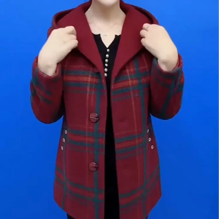 中老年妈妈连帽时尚格子外套百搭秋冬新款洋气外套