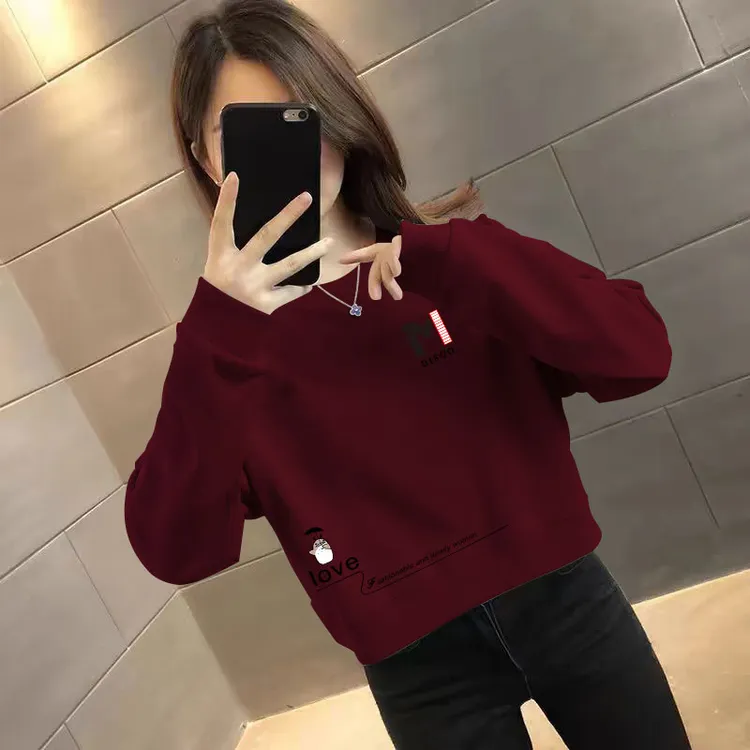 薄款含棉卫衣女春秋新款潮流宽松圆领印花上衣高腰短款小个子长袖