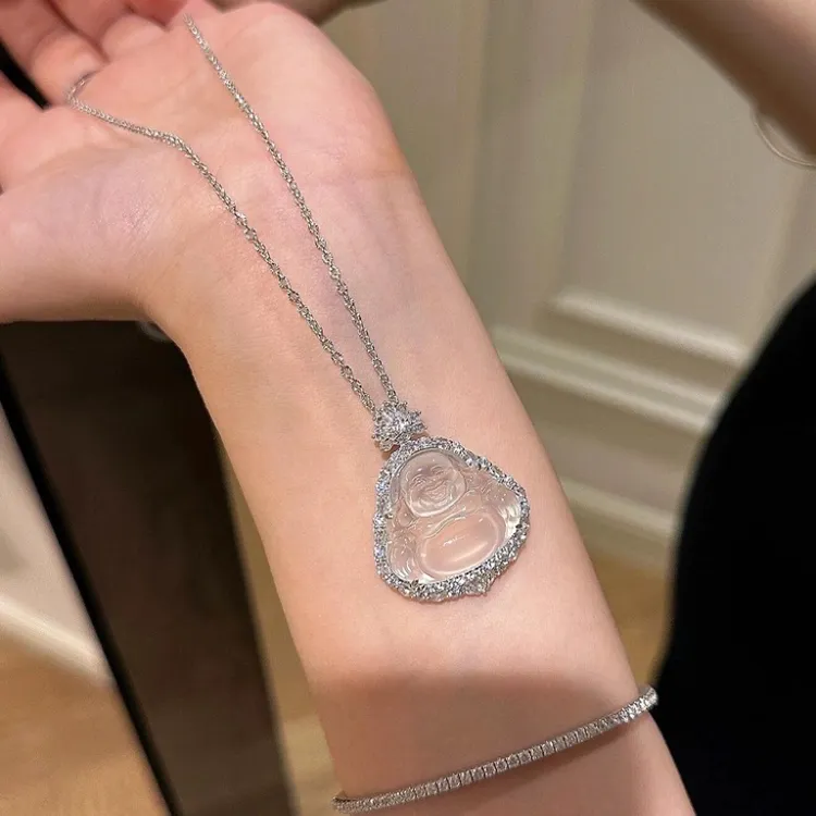 JIN BAI ZHENG 钛钢项链 大肚佛公吊坠弥勒佛项链女气质百搭配饰