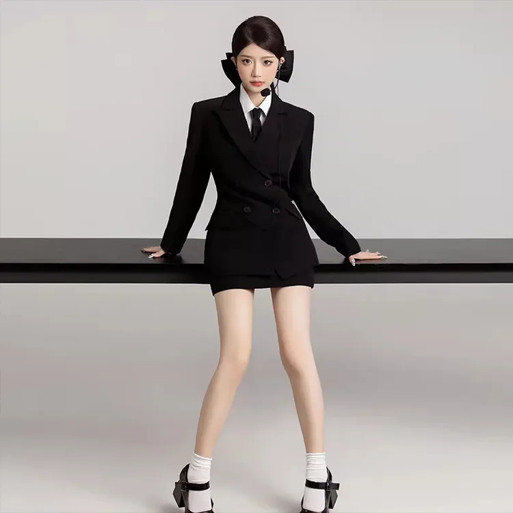 张元英制服JK春秋黑色西装外套女韩式衬衫时尚西服套装收腰三件套