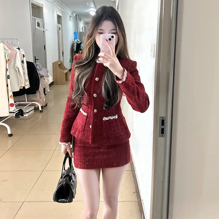小香风富家千金套装女早春秋国风高级感长袖外套低腰半身裙两件套