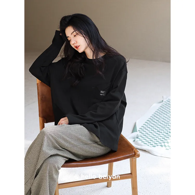 贝妍新款睡衣女春秋季柔软棉长袖家居服简约休闲可外穿女大码套装