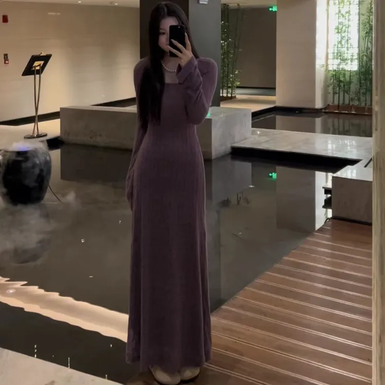 紫色磨毛针织套装女内搭打底吊带连衣裙罩裙两件套时尚秋冬新款