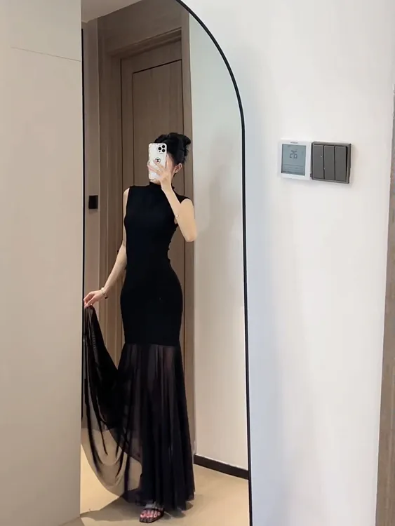 【MMIAO定制】黑色网纱下摆无袖连衣裙时尚御姐风显瘦修身气质长裙
