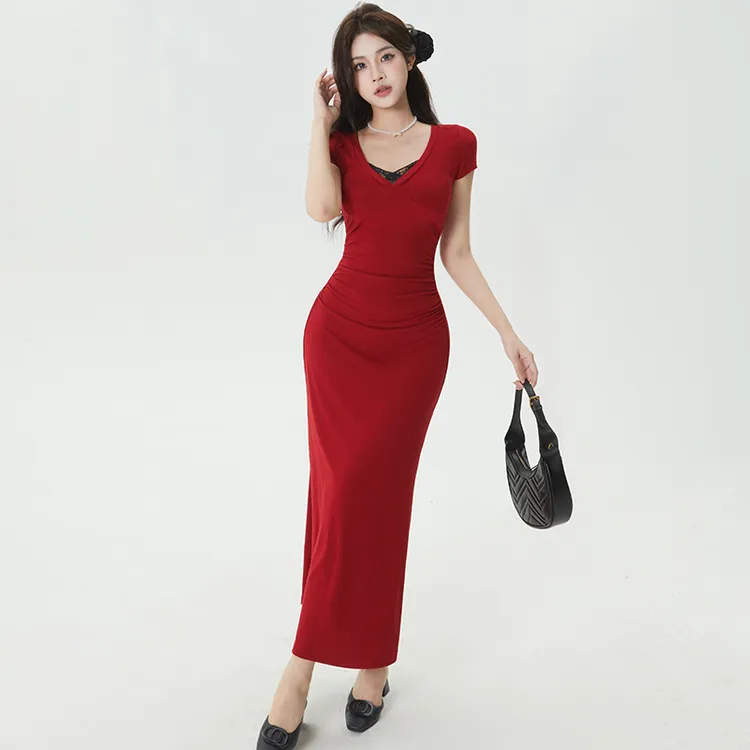 红色蕾丝拼接短袖连衣裙女基础百搭显瘦性感御姐气质修身包臀长裙