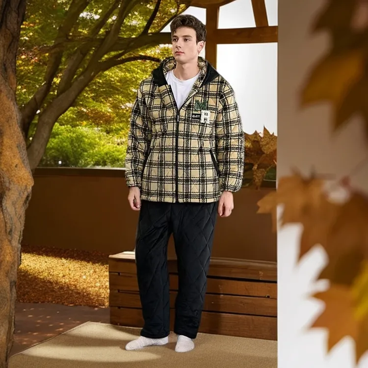 三层夹棉睡衣秋冬款加绒加厚冬季男士家居服套装格子