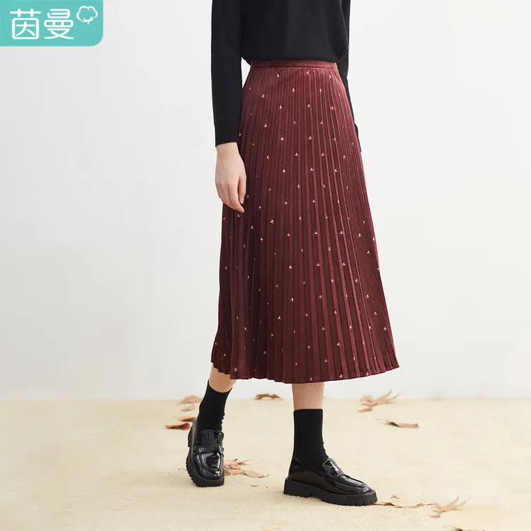 【商城专享】茵曼冬季女半身裙百褶裙长裙A字休闲新款气质秋冬百搭