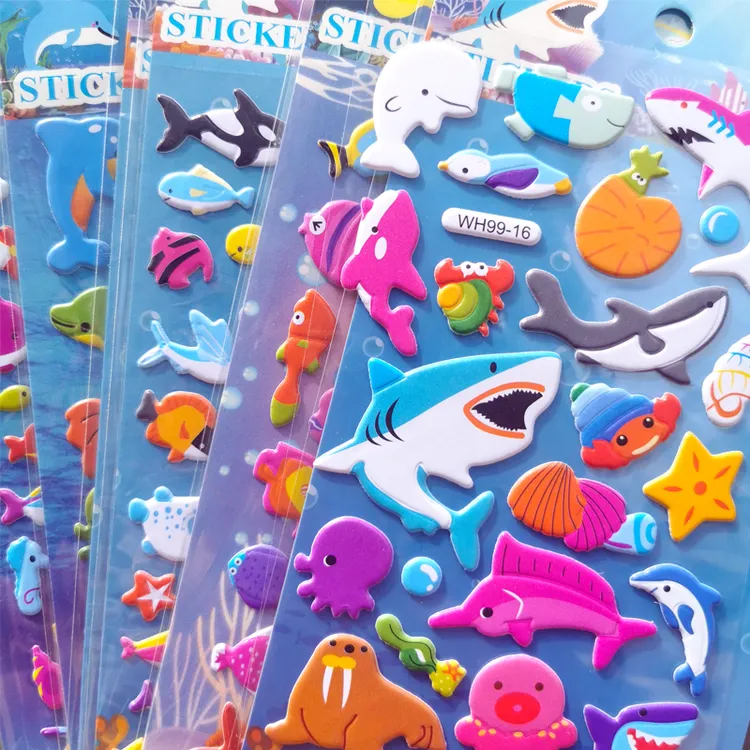 儿童泡泡贴纸海洋生物海底小鱼海豚鲨鱼立体3d卡通泡泡粘贴贴画