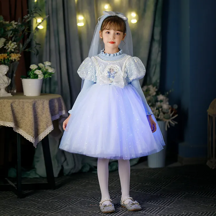 冰雪奇缘发光爱莎公主毛衣裙长袖女童秋冬装亮灯儿童生日礼服服装