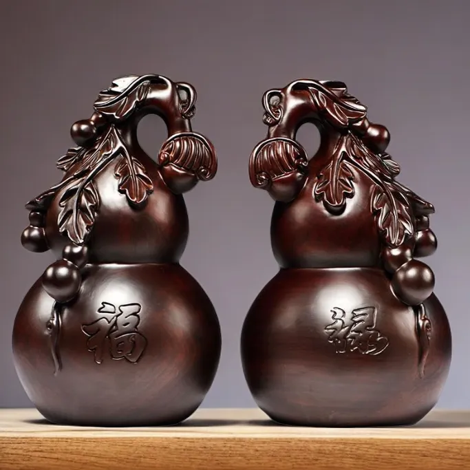 黑檀实木手工雕刻福禄葫芦摆件家居客厅玄关电视柜装饰木制工艺品