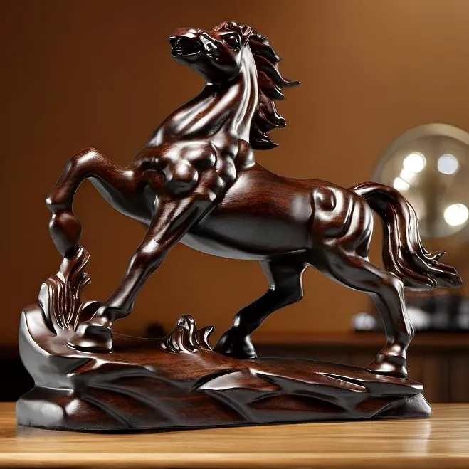 黑檀实木手工雕刻马到成功摆件生肖马家居客厅装饰工艺品开业送礼