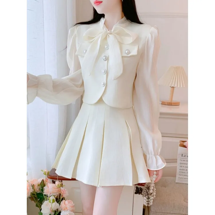 超美仙女法式名媛高级感两件套装裙小香风蝴蝶结衬衣高腰短裙气质