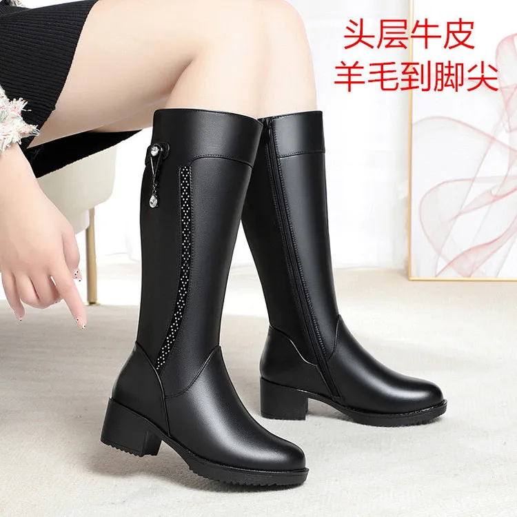 冬全牛皮女棉靴中筒靴真皮中年妈妈靴子中跟中老年女士粗跟皮靴女