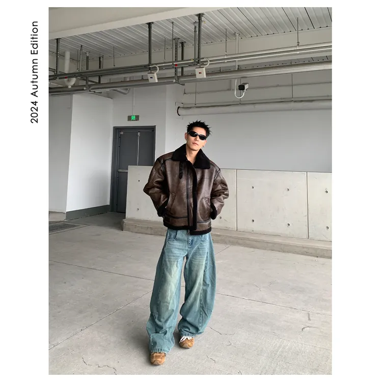 ZICHENG 冬季 日系复古 工装风仿羊羔毛翻毛皮立领 皮衣外套 男