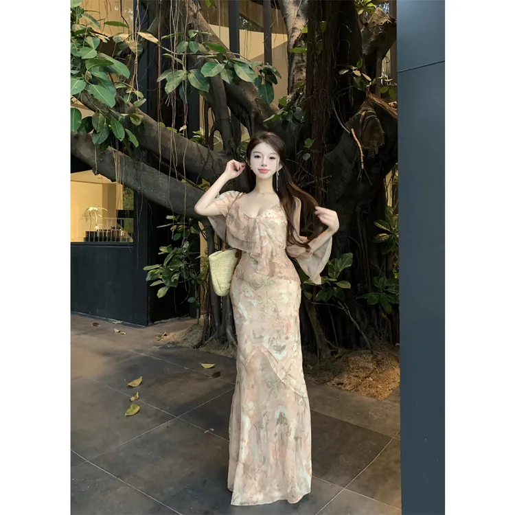 夏季新款连衣裙女印花长裙温柔风设计感时尚百搭复古初恋裙子气质