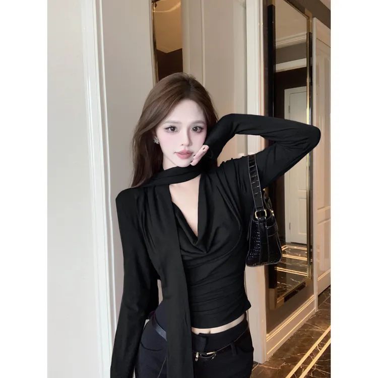法式气质别致辣妹风荡领飘带长袖T恤女性感短款打底修身简约上衣