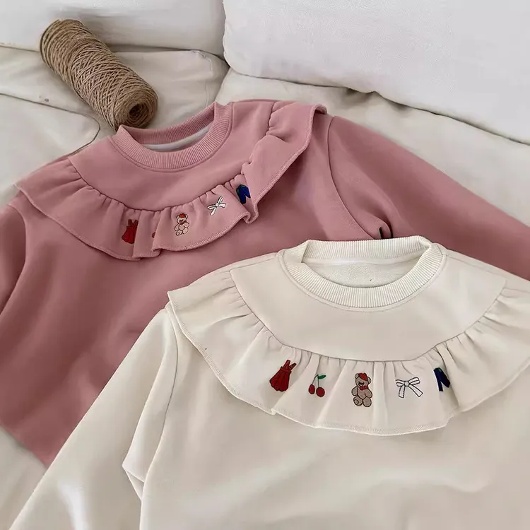 可爱刺绣加绒卫衣2024秋冬新款韩版女童卡通木耳边卫衣娃娃领