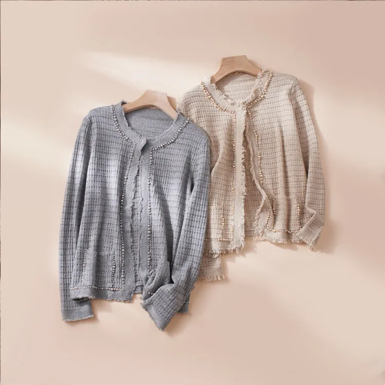 春秋新品桑蚕丝羊绒小香风外套宽松直筒版遮肉显瘦流苏小圆领上衣