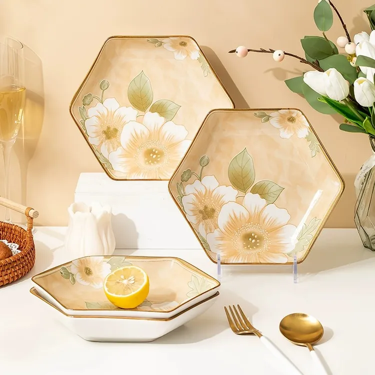 西邮哥【仅新疆包邮】【6个】新款山茶花8寸六角盘菜盘碗碟套陶瓷餐盘