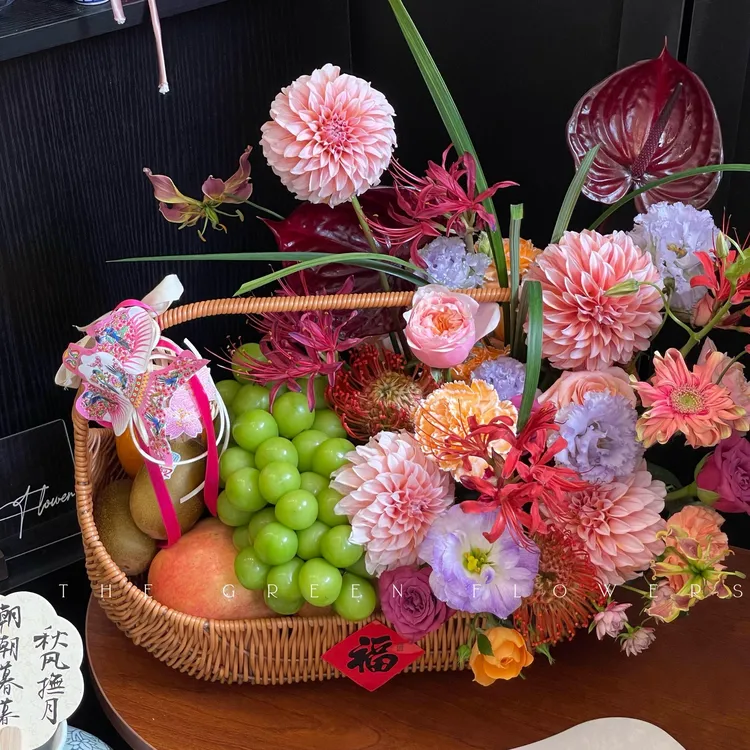 （刘咔咔）中式手提花盒鲜花花束包装花篮手拎水果鸡蛋月子送礼Q9