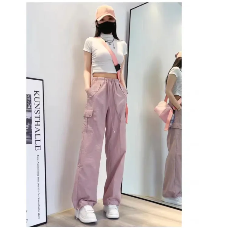 美式冰感速干工装裤女夏季薄款小个子高腰直筒束脚宽松显瘦阔腿裤