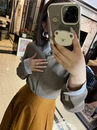 月月  早秋设计感通勤叠领拼色修身薄款长袖衬衫女