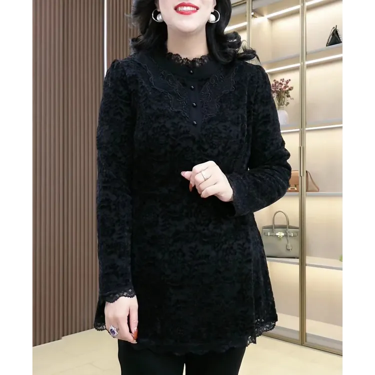 显瘦大码女装蕾丝上衣气质长袖时尚打底加绒国风洋气ZB5558