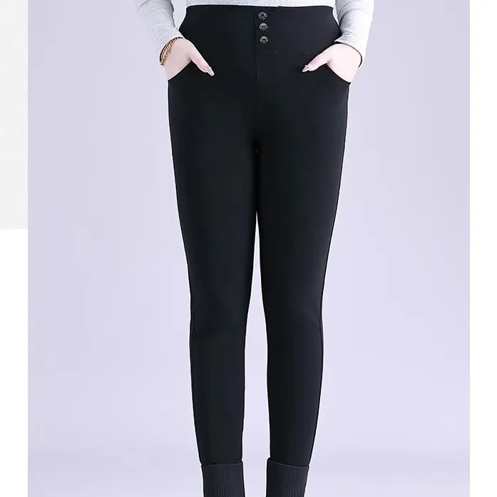 丹思慕百搭长裤大码女装高腰三粒扣黑色束脚裤舒适休闲裤ZB8286