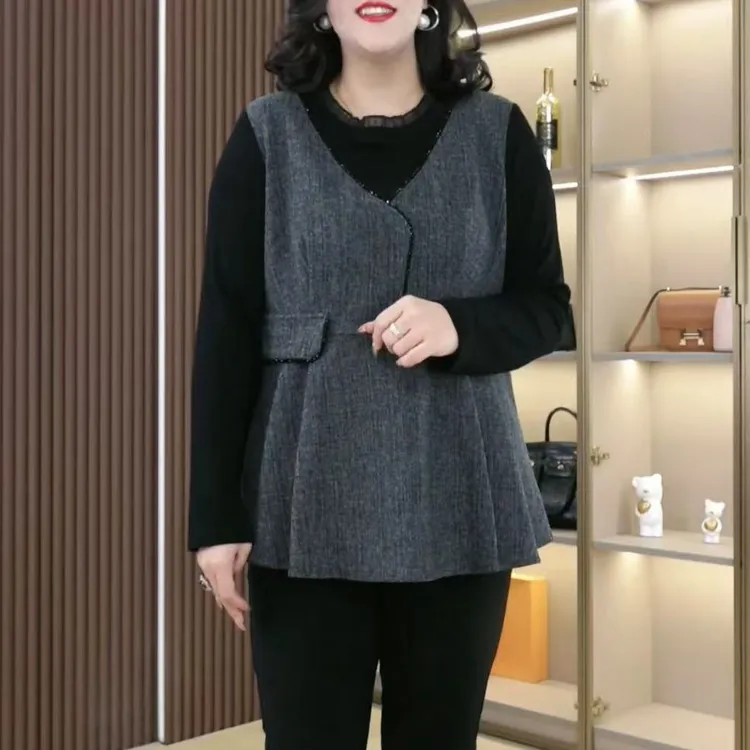 丹思慕秋季新款大码拼接假两件气质宽松显瘦遮肉串珠上衣ZB6306