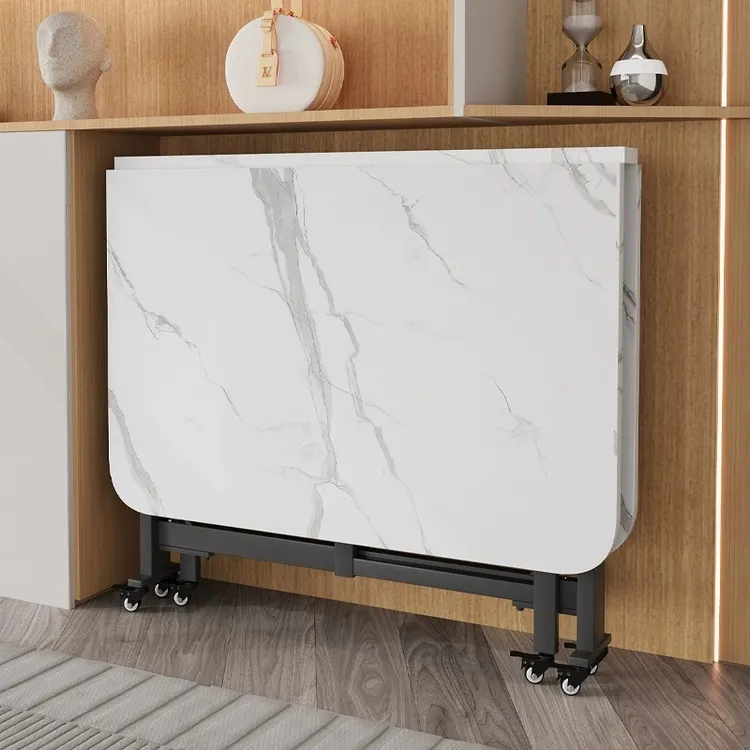 折叠餐桌家用小户型超薄多功能折叠桌长方形可移动仿岩板吃饭桌子