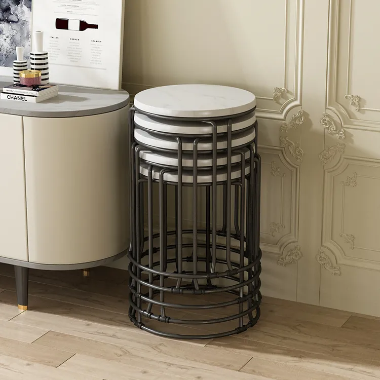 凳子可叠放圆凳家用加厚餐凳简易餐厅凳子商用仿岩板圆形铁艺凳子