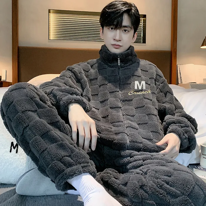 法兰绒睡衣男款秋冬款拉链男士保暖冬季加绒加厚珊瑚绒家居服套装