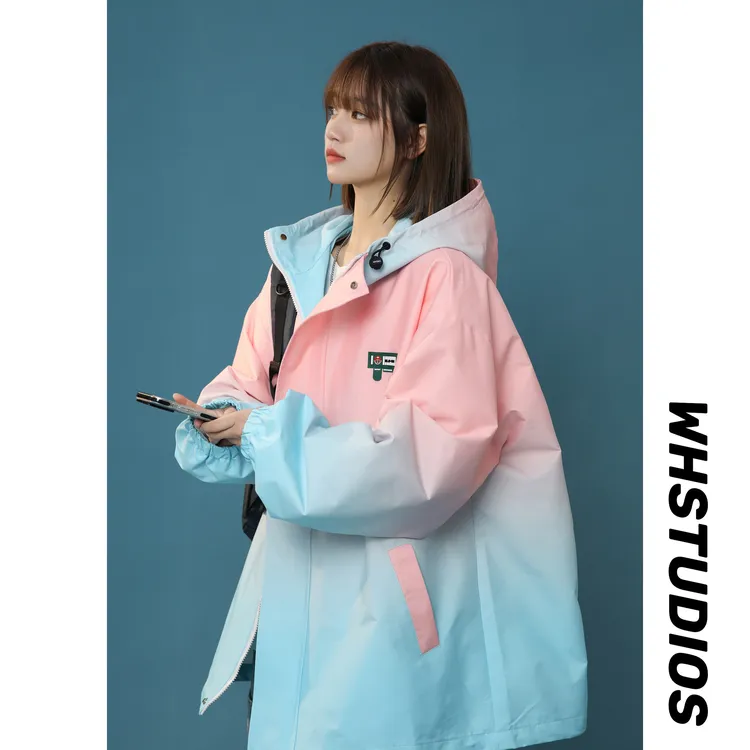 东方骆驼渐变色外套男女2025秋季学生大码宽松拼色连帽棒球服夹克