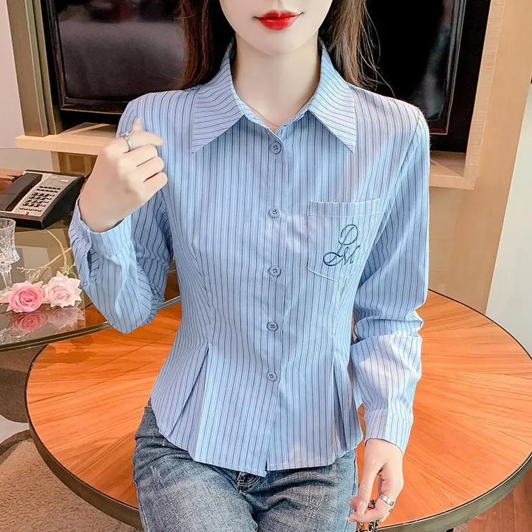 洋气减龄刺绣长袖条纹蓝色衬衫女春季polo领百褶收腰衬衣修身上衣