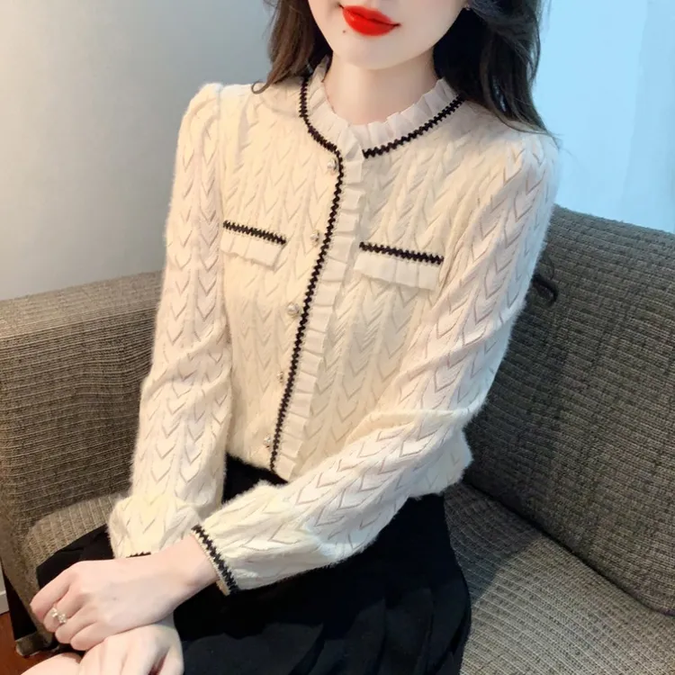 法式小香风荷叶领长袖蕾丝衫女秋季洋气减龄衬衫百搭小衫气质上衣