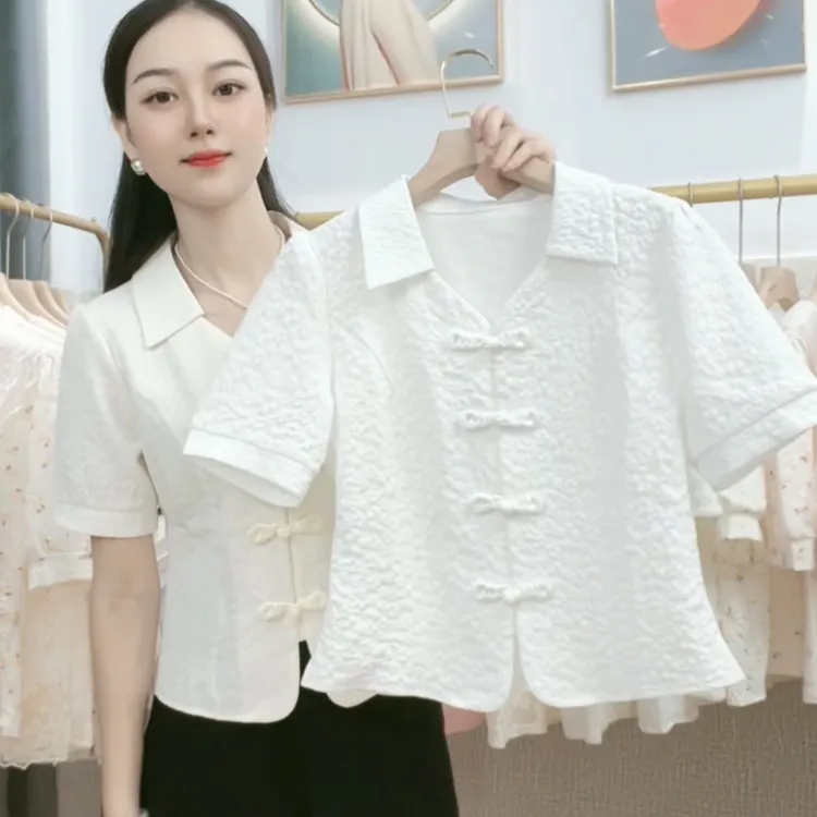 新中式女装高级设计感盘扣POLO领短袖衬衫女2024白色甜美洋气上衣