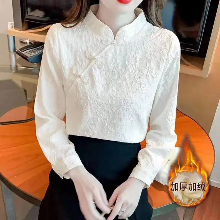 加绒盘扣长袖衬衫女冬季新款复古中式内搭打底衫时尚显瘦气质上衣