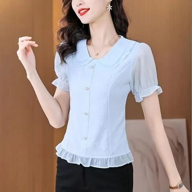 2024夏季新款娃娃领雪纺衫女短袖小个子遮肉洋气百搭减龄ins上衣